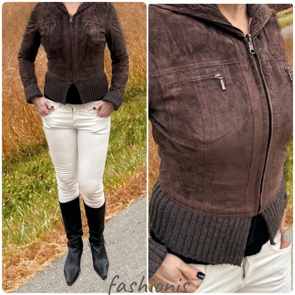 Women’s Brown Short Suede Jacket with knit details  sz.S or 4